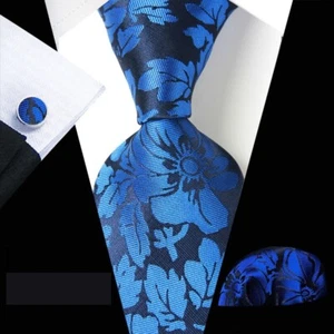 Cravatta uomo classica floreale blu nero jacquard seta cravatta fazzoletto set gemelli - Foto 1 di 7