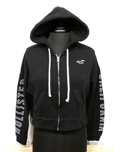 Hollister Womens Black White Logo Sweatshirtt Crop Top Hoodie Small Spell Out - Picture 1 of 10
