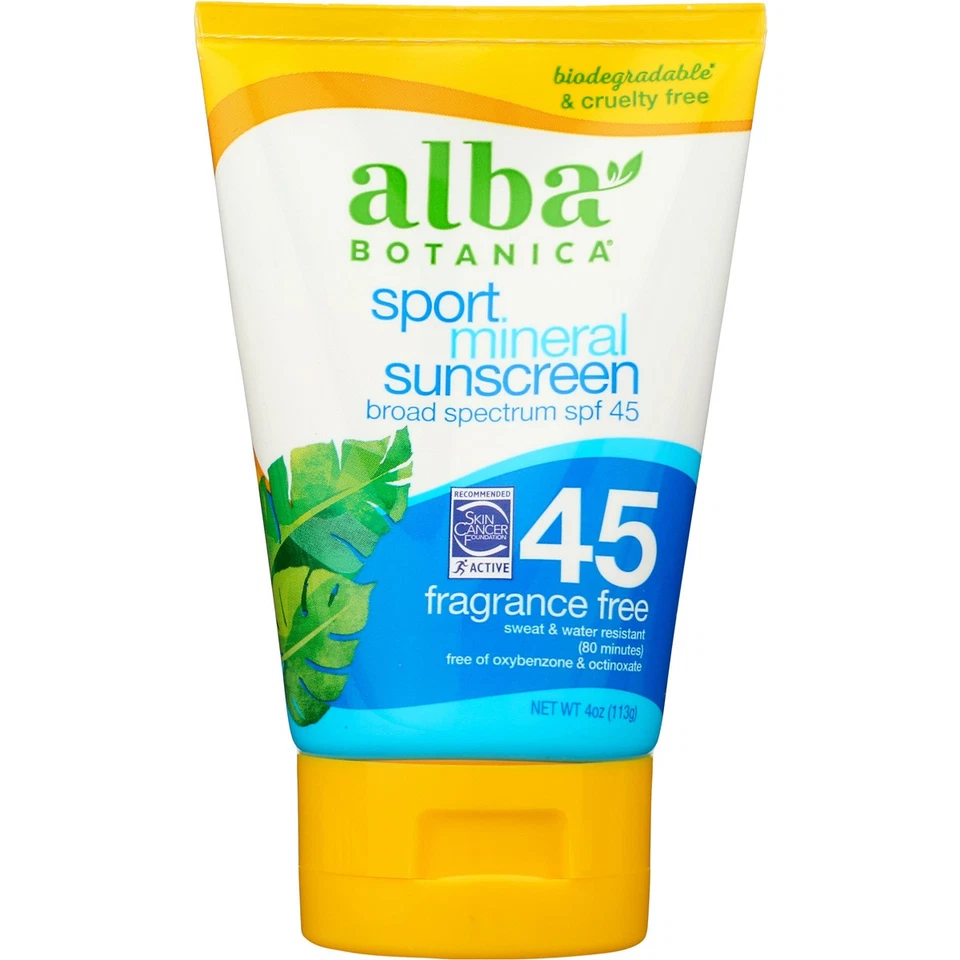 Protector solar mineral deportivo Alba Botanica SPF 45 sin fragancia 4 OZ Foto 1 de 1