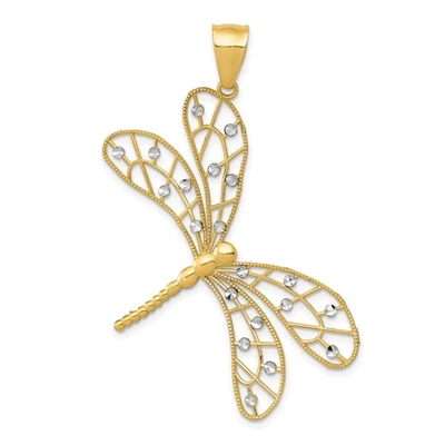 14k Yellow Gold Rhodium Dragonfly Pendant Diamond-Cut Filigree Nature Jewelry Foto 1 de 4