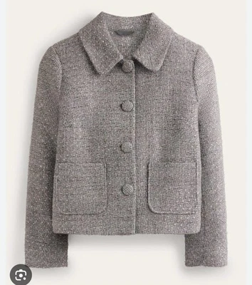 Jaqueta Boden Rye Metálica Prata Bouclé Boxy Cropped Coat Tamanho Reino Unido 14 Nova com etiquetas - Imagem 1 de 4