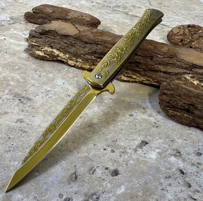 9” Gold Rose Flower Tactical Spring Assisted Open Blade Folding Pocket Knife - Image 1 of 4