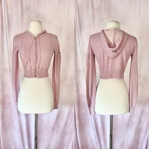Vintage Y2K 90s Hoodie XL Pink Metallic Knit Cropped Zip Up Streetwear Grunge - Picture 1 of 6