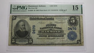 $5 1902 Hammond Indiana IN National Currency Bank Note Bill Ch. #3478 F15 PMG - Image 1 of 4