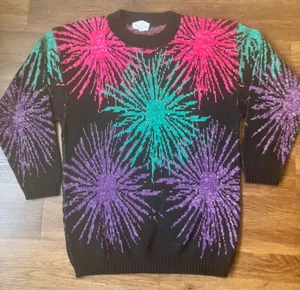 Vintage '80s Nan Dorsey Oversized Fireworks Sweater Black Purple Silver M/L - Picture 1 of 11