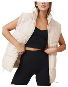 Womens Zip Up Puffer Vest Stand Collar Sleeveless Padded Jacket Medium Apricot - Picture 1 of 7