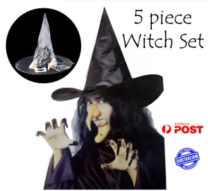 5pc Witch Costume Set Cosplay Fancy Dress Up Party Hat Nose Chin Nails Teeth AUS - Picture 1 of 6