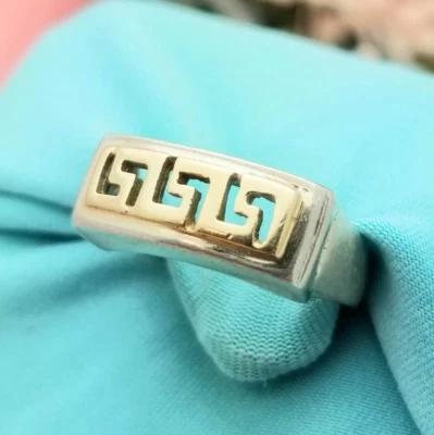 Anillo de moda con diseño de llave griega de oro y plata de 14 quilates-925-rosa-cabeza de 9/16""-banda de 3 mm- Foto 1 de 4