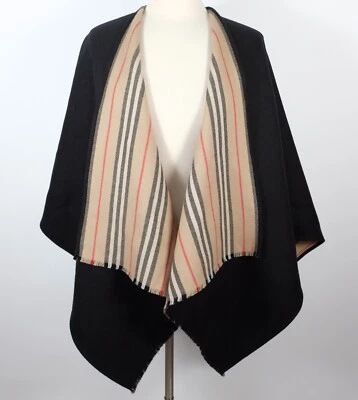 Nuevo Burberry Icon Rayas Capa Poncho Lana Reversible Negro Foto 1 de 4