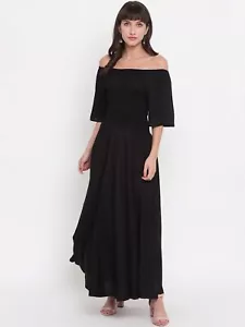 Mujeres Maxi Vestido Largo Mangas Fuera del Hombro Ahumado Acampanado Viscosa Rayón Liso - Imagen 1 de 64