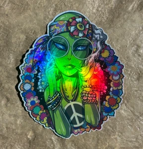 Trippy Alien Holographic Sticker Waterproof Vinyl Weed Psychedelic 420 Art Decal - Picture 1 of 2