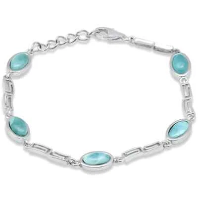 Brazalete de plata de ley .925 diseño griego Larimar natural forma ovalada 7,5" Adjus Foto 1 de 2
