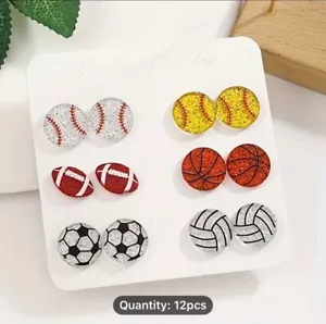 SPORTS Set Of 6 Earrings Baseball Tennis Basketball Football Volleyball Soccer - Picture 1 of 4