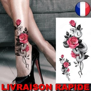 Tatouage Temporaire Imperméable Rose Serpent Faux Main Bras Jambe Mode Fleur - Imagen 1 de 2