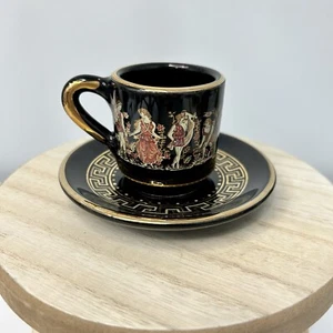Vintage Greek Demitasse Cup & Saucer 24K Gold Black Handmade Greece People - Picture 1 of 12
