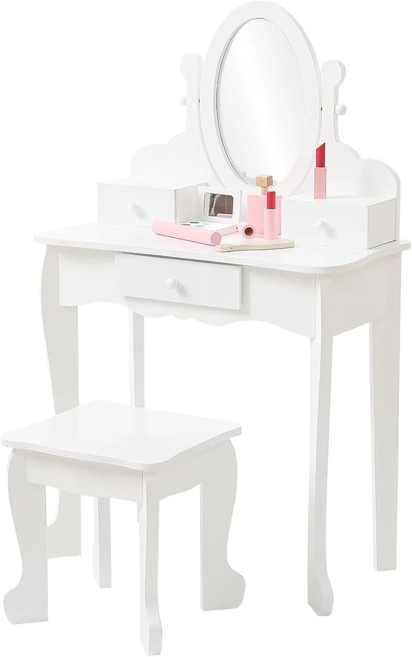 Kids Vanity Set with Mirror & Stool - Wooden Princess Makeup Dressing Table, Adj - Image 1 of 4