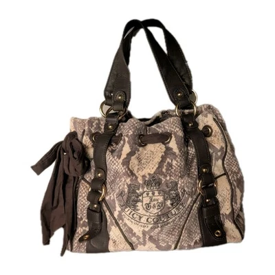 JUICY COUTURE Y2K Cream Python Snake Print Velour Handbag Purse 13” Leather Trim - Image 1 of 4