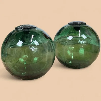 Pair Vintage Green Glass Fishing Floats Hand Blown Nautical Decor Buoy (Set of - Image 1 of 4