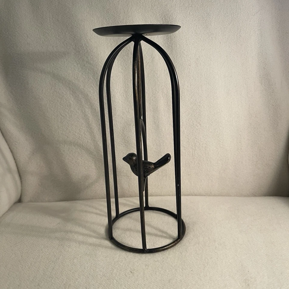 Metal Pillar Candle Holder Bird Cage With Bird Brow/ Bronze Color - Image 1 of 4