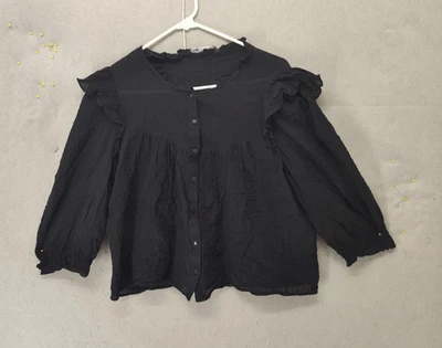 Blusa Zara Mujer Top Extra Grande Negra Mezcla Algodón Volantes Calce Informal Abotonada Foto 1 de 4