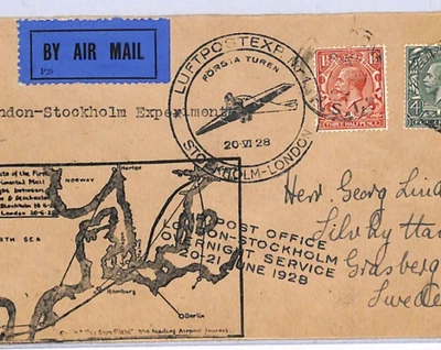 GB KGV Air Mail Cover 1928 *EXPERIMENTAL FLIGHT SWEDEN* London MAP CACHET XF132 - Image 1 of 4
