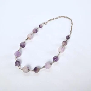 Chinese Carved Purple Amethyst Beaded Sterling Silver Necklace 18.5" Vintage - Picture 1 of 8