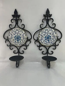 Coppia portacandele in ferro vintage porta piante applique da parete blu floreale piastrelle retro - Foto 1 di 10