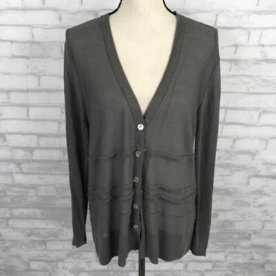Cardigã suéter J JILL cinza 1X-2X gola V botão frontal manga longa mistura de linho - Imagem 1 de 4
