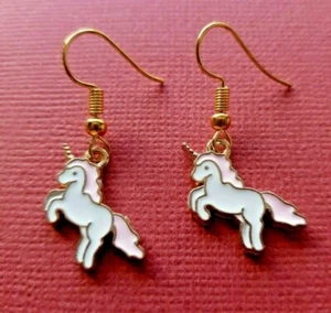 Unicorn Earrings Pink Gold Plated cute drop dangle earrings animal jewellery - Picture 1 of 5