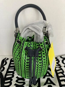 Marc Jacobs Leather Bucket Crossbody Bag Grey/Fluorescent Green Very Rare - NWT - Picture 1 of 13