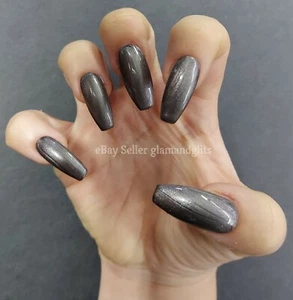 12x Hand Painted Press On Gel False Nails Graphite Silver Coffin Stiletto Square - Picture 1 of 4