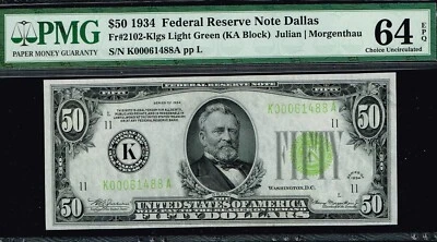 $50 1934 Dallas  FRN. Fr. 2102-Klgs. LIGHT GREEN SEAL. LGS. PMG 64 EPQ - Image 1 of 3