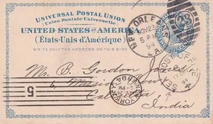 USA 1894 POSTAL CARD NEW ORLEANS TO CALCUTTA INDIA SEA POST OFFICE 2 CENTS - Picture 1 of 2