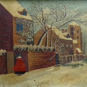 Vint Primitive 19thC Village Winter Landscape Oil Painting O/B Framed 10.5x8.5 - Picture 1 of 12