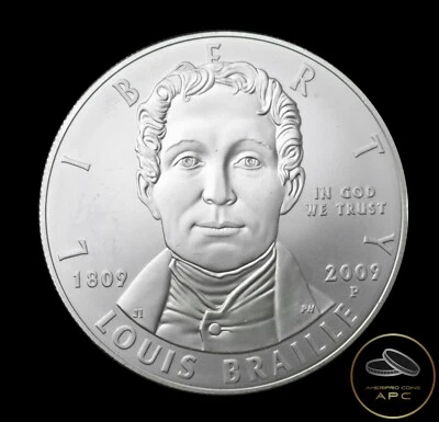 2009 P Louis Braille BU 90% Silver Dollar Coin Super GEM BU+++ Blast White  - Image 1 of 2