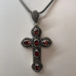 Garnet Cross Necklace Sterling Silver Marcasite 925 Tested Chyrise Emmanuel - Picture 1 of 10