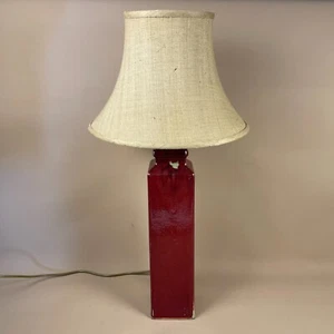 Vintage Ceramic Lamp Light Bedside Table Red Pillar Large Hessian Beige Shade - Picture 1 of 16