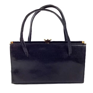 Vintage Ackery London Black Leather Clip Top Doctor Style Handbag - Picture 1 of 5