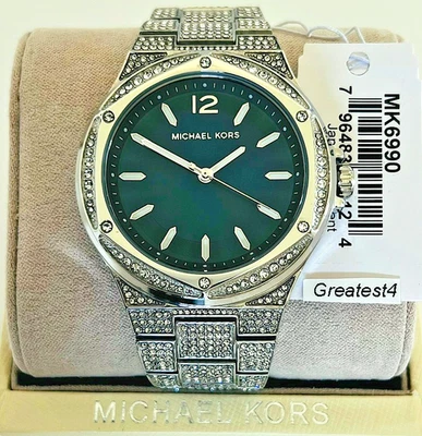 MICHAEL KORS LENNOX MK6990 SILVER TONE PAVE  BRACELET  DARKBLUE DIAL UNISEX 41MM - Image 1 of 4