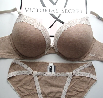 VICTORIA'S SECRET PINK Super Push-Up Bra and Panty Set Heather Beige 38B 38C 38D - Image 1 of 4