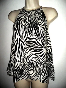 GEORGE ASDA Black White Zebra print Halter Tassel Tie Smock Frill Top Sz14-16 - Picture 1 of 4