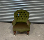 Antique Buttoned Back Armchair In Green Fabric