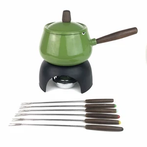 Fonduetopf Set grün Emaille Topfdeckel Holzgriff 6 Edelstahlgabeln *lesen* - Bild 1 von 12