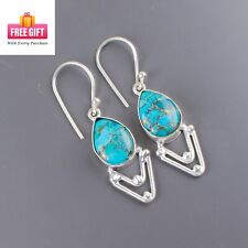 Natural Blue Copper Turquoise Gemstone Earrings 925 Sterling Silver Jewelry 1.9"