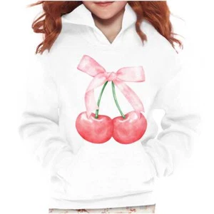 Cute Vintage Watercolor Cherries With Bow Youth Girls Hoodie Sweatshirts Kids - Picture 1 of 7