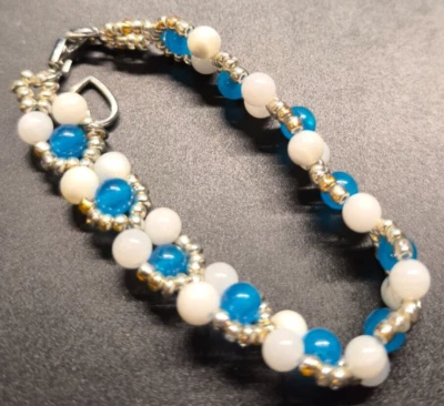 Armband Perlmutter, Apatit, Glasperlen in Weiß/Blau/Silber, Schnappverschluss - Bild 1 von 3