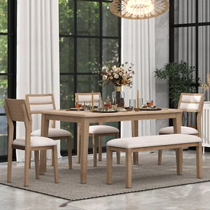 6 Piece Dining Set Kitchen Dining Table and 4 Upholstered Chairs+Bench Wooden - Picture 1 of 9
