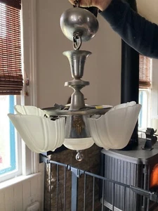 Vintage Art Deco 5 Light Slip Shade Chandelier - Picture 1 of 6