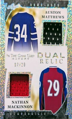 🔥#/20 NATHAN MACKINNON AUSTON MATTHEWS DUAL RELIC 2022-23 Leaf In the Game Used - Image 1 of 4