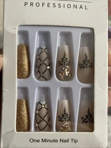 Romantic Fancy Embellished Long Coffin Press On Nails 24pcs Boxed Glue & Tabs - Picture 1 of 5
